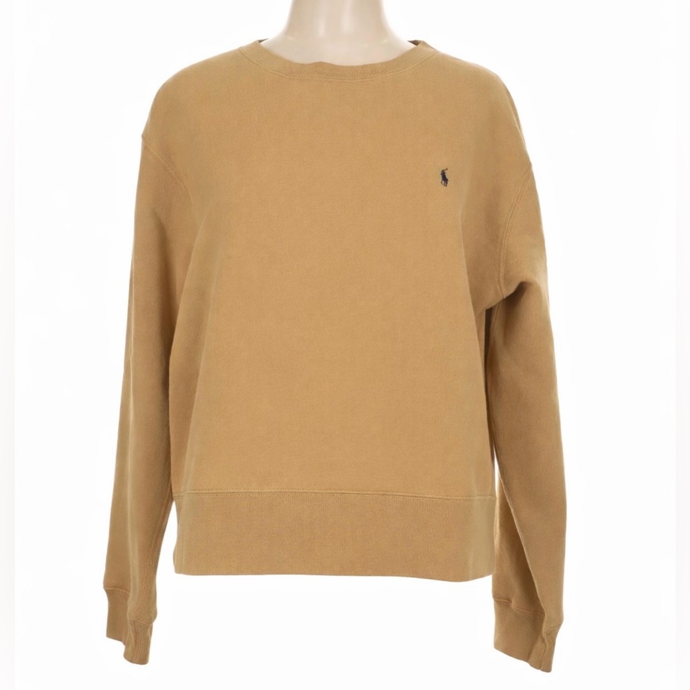 Vintage 90s Polo Ralph Lauren Mens Pullover Fleece Crewneck Sweatshirt Tan Logo